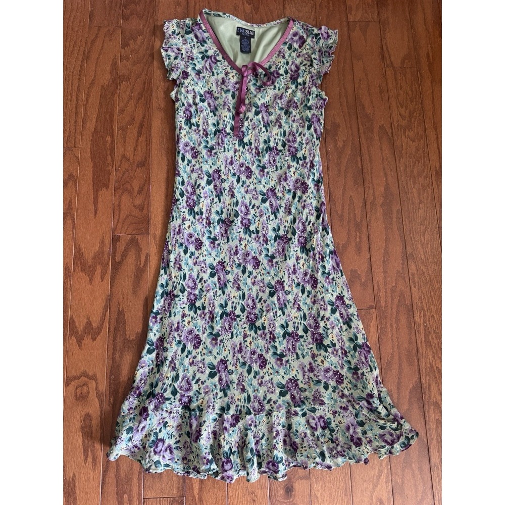 Eva Blue Petite Y2K Floral Midi Dress Purple Rose Cottagecore Prairie 4P‎